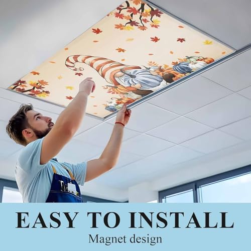 Thanksgiving Autumn Magnetic Fluorescent Light Covers for Ceiling Lights 2 x 4 Feet,Fall Gnomes Blue Pumpkin Maple Leaves Office Classroom Kitchen Drop Ceiling Light Covers Filters Shade Panel 4 Packs