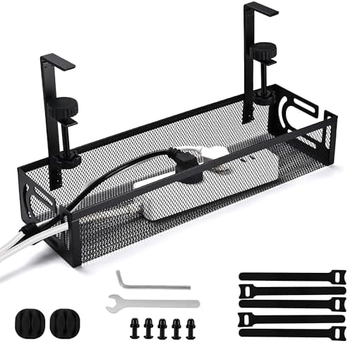 Under Desk Cable Management Tray Small – Clamp-Mounted Wire Organizer & Cord Management Under Desk Rack, No-Drill Metal Cable Organizer for Home Office (Black)