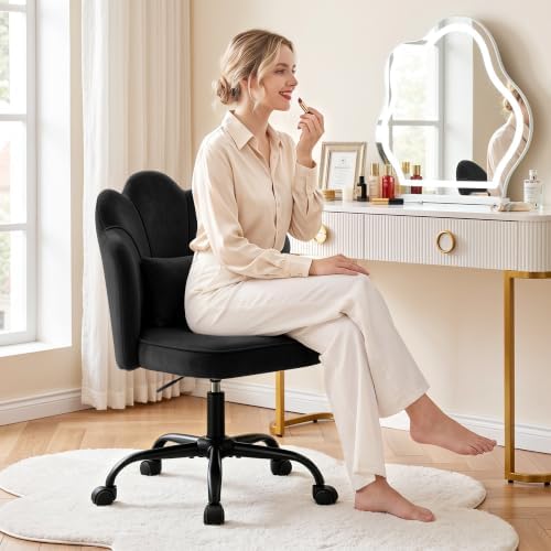 Vanity Chair with Wheels, Swivel Velvet Makeup Desk Chair, Black