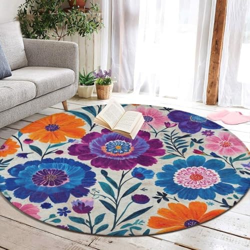 Soft Round Yoga Carpet, Office Chair Decor Round Mat for Carpet and Hardwood Floors Boho Floral Blossom