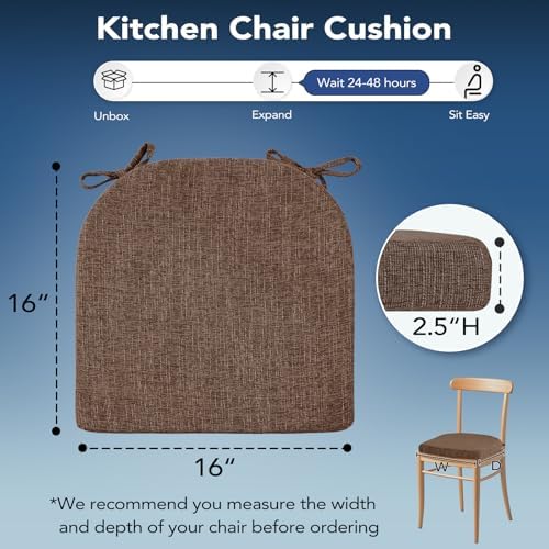 Chair Cushions for Dining Chairs, Non Slip Chair Pads with Ties and Washable Covers, Memory Foam Kitchen Chair Cushions Set of 8, 16"X16"X2.5", Brown