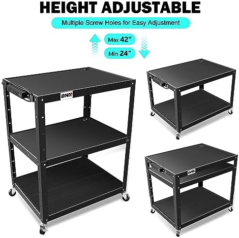 DNA Motoring 3-Layer Utility Steel AV Cart with Wheels Power Strip, 35" x 25" x 24"-42" Height Adjustable Rolling Projector Cart,TOOLS-00137