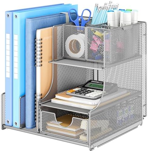 Lavatino Desk Organizer – 4-in-1 Silver Mesh Office Supplies Organizer with Pen Holder, File Holder, Desktop Tray, and Drawer for Home, Office, Classroom