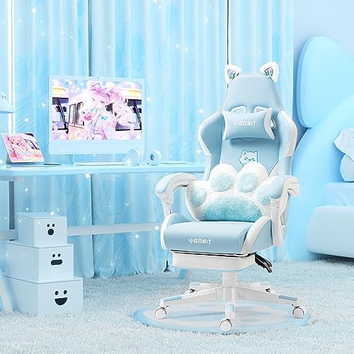 Gaming Chair, Cute Cat Gaming Chairs with Paw Lumbar Cushion for Girls, Video Gamer Chair with Footrest for Girl Teen Woman (Blue-A)