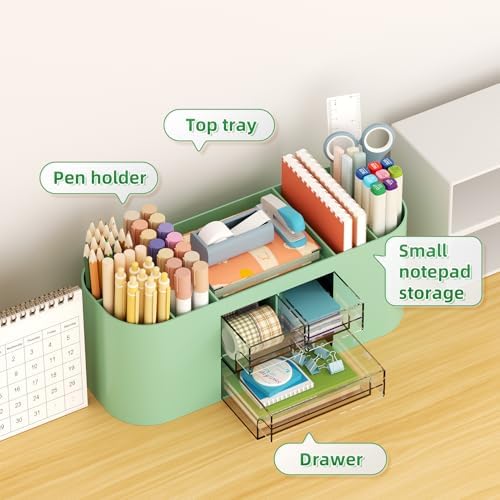 Marbrasse Desk Organizer Pen Holder for Desk with 3 Drawers, Multi-Functional Pencil Holder, Desk Organizers and Accessories with 7 Compartments for Home, School, Classroom(Green)
