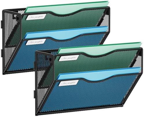 Marbrasse Wall File Holder 2-Tier Hanging Wall File Organizer, Mesh Mail Holder for Papers, Wall Mount File Clipboard & Magazine Organizer Great for Office Home - 2P