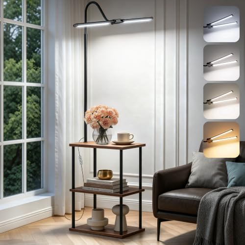 LED Floor Lamp with Table, 18W Bright Reading Floor Lamp for Office, Narrow Side Table with Dual Head Goose-Neck, Adjustable Brightness & Color Temp, End Table with Storage Shelves-Rustic Brown