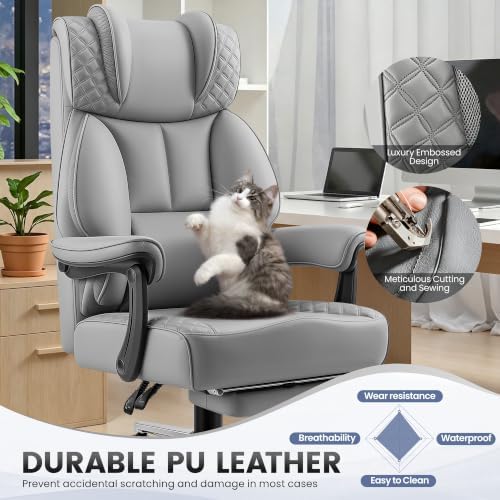 BestGlory Office Desk Chair, Big and Tall Leather Gaming Chair with Footrest, Ergonomic Comfy Executive High-Back Reclining Computer Chairs, Wide Swivel Rolling Wheels and Padded Lumbar Support, Gray