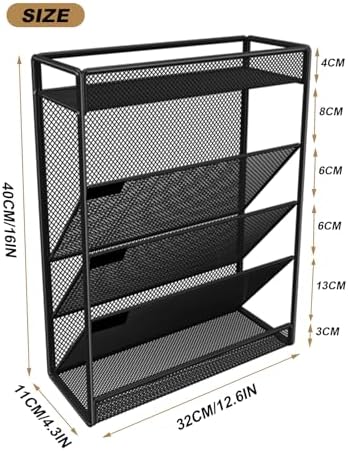 5 Tier Mesh Wall File Organizer,3 Pockets vertical Mount Hanging Organizer with Top/Bottom Tray | 2 Hooks | Wall Mount & Door Hanging for Office Home