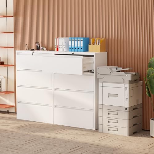 INTERGREAT 4 Drawer File Cabinet, White Lateral File Cabinet with Lock, 28" W Metal Office Filing Cabinet with Adjustable Frame for Legal, Letter, A4 Files