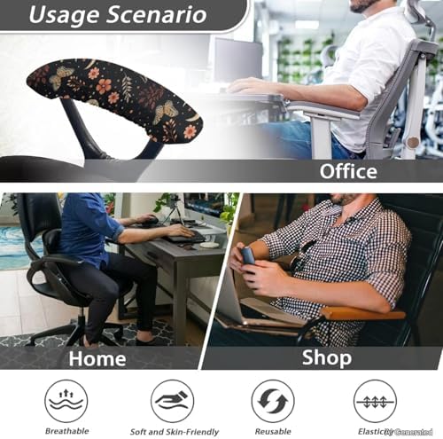 2 Piece Chair Armrest Slipcovers, Moon Butterfly Floral Print Office Chair Arm Covers Washable, Skin Friendly Stretchy Office Chair Armrest Covers