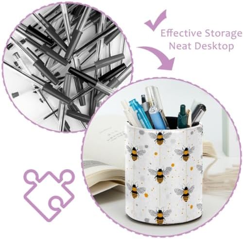 Leather Pen Holder for Desk, Bees Pencil Cup Pen Organizer Makeup Brush Holder for Office Home Kids Countertop Desk Accessory Storage