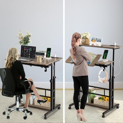 Hadulcet Rolling Stand Up Desk Adjustable Height - Portable Standing Desk with Wheels & Charging Station, Mobile Laptop Desk Small Standing Desk Drawing Table, Grey