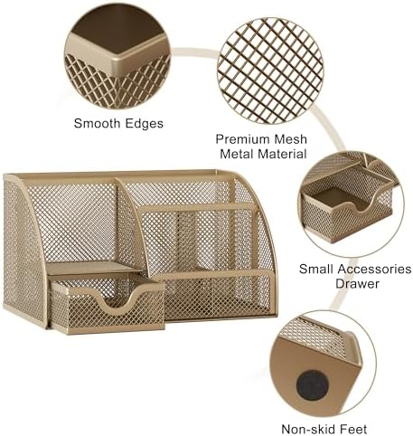 EasyPAG Mesh Desk Organizer with Drawer Multi-functional Pen Holder Stationery Organizer for Office School Supplies 6 Compartments Dorm Organizers and Storage for Desk, Gold