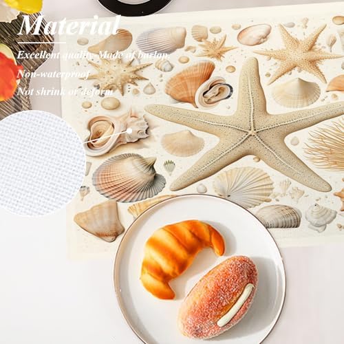 Shrahala Seashells Starfish Set of 6 12 X 18 Inch Linen Placemats, Beach Collection Burlap Table Mat Washable Double Layered Heat Insulation for Indoor/Outdoor