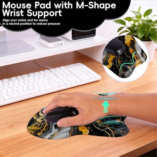 Wrist Support Mouse Pad Anti Slip Rubber Wrist Rest Mousepad 9in X 8in Small Desktop Notebook Mouse Mat for Working and Gaming (M-Black Golden Marble)