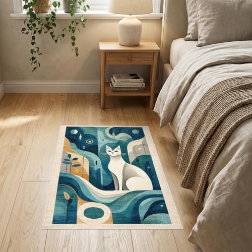 2'x3' Teal Blue Cat Boho Abstract Design Washable Doormat