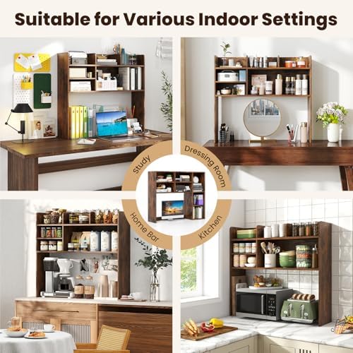 GIANTEX Desktop Bookshelf, 37" Desk Hutch Dorm for Computer Up to 32 Inch, Countertop Hutch w/6 Storage Shelves, 3-Tier Desktop Organizer Display Rack, Wood Desk Shelf for Home Office (Rustic Brown)