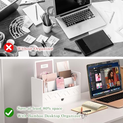 Wisuce Bamboo Mail Organizer with Drawer, Countertop Desk Organizer(White)