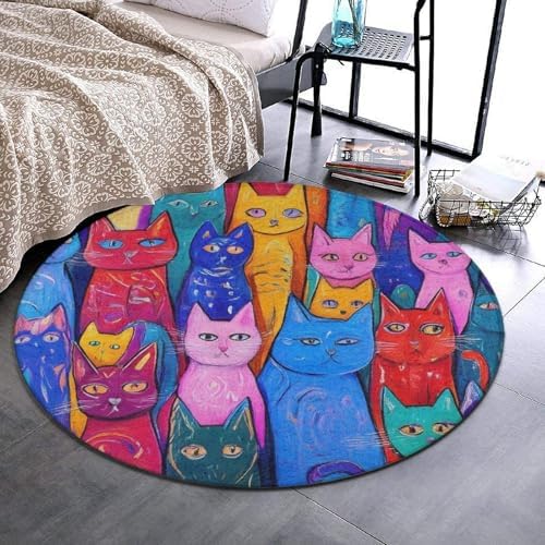 Room Sofa Yoga Soft Round Carpet, Home Decor Non Slip Kitchen Office Circle Rug, Machine Washable Modern Round Area Rug Colorful Cats Art, 24inch