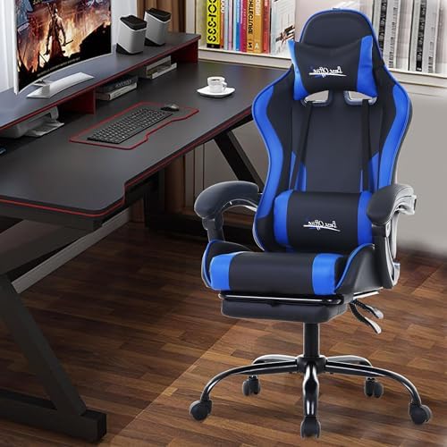 PayLessHere Ergonomic Racing Desk Chair Computer Chair Gaming Chair with Footrest Lumbar Support Headrest Armrest Task Rolling Swivel Ergonomic E-Sports Adjustable PC Gamer Chair (Blue)