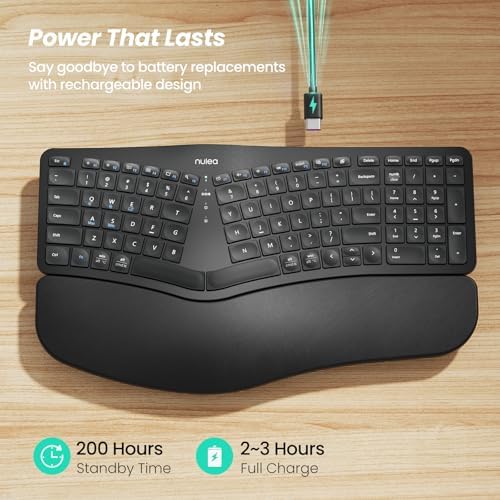 Nulea Wireless Ergonomic Keyboard, Split Keyboard with Cushioned Wrist Rest, Bluetooth and USB Connectivity, USB-C Rechargeable, Compatible with Windows Mac(Black)