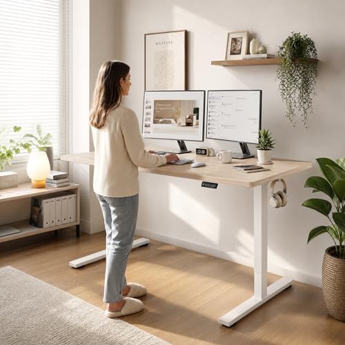 Grandder 55x32 Large Electric Standing Desk, Height Adjustable Computer Desk with 2 Memory Presets, 31.5" Deep Desktop Sit Stand Desk Home Office Desk Workstation Table with Hooks, Light Walnut