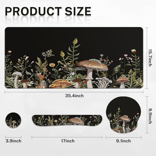 Britimes Keyboard Mouse Pad Set, 4 in 1 Desk Mat Set, Black Mushroom Flora