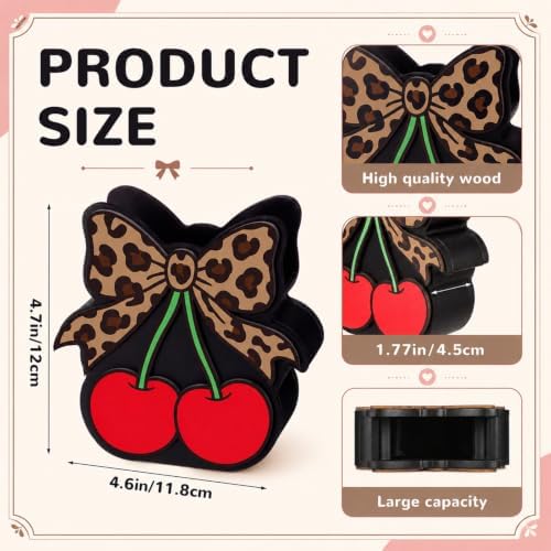 Tenceur Cherry Leopard Bow Pencil Holder for Desk Large Capacity Bow Wood Pen Holder Coquette Desk Organizer Cute Teacher Office Decor Makeup Brush School Supplies Back to School Gift for Girls Women