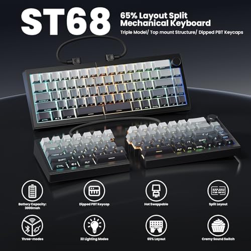 ZORNHER ST68 Ergonomic Split Keyboard,65% Wireless Gaming Keyboard with Knob,65% Black Hot-Swappable Mechanical Keyboards for Win/Mac,Linear Switches,RGB Backlit