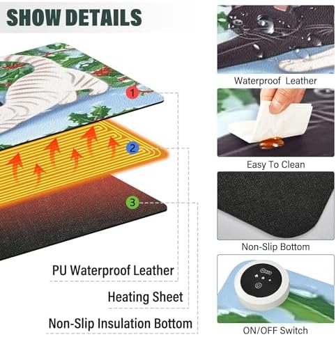 Cat Stretching Heated Mouse Pad Gaming Mouse Pad Waterproof PU Leather Mat Keep Your Hand Foot Warmer, 3 Heat Levels & Auto Shut-Off for Home Office 13x31.5 in