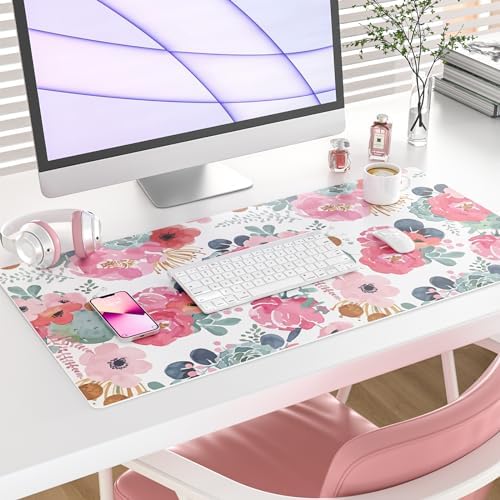 QIYI PU Leather Large Mouse Pad, Waterproof Desk Mat, 31.5" x 15.7", Peony