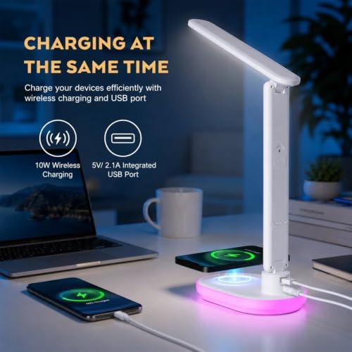 LED Desk Lamp with Wireless Charger,Clock,Touch Table Lamp for home office