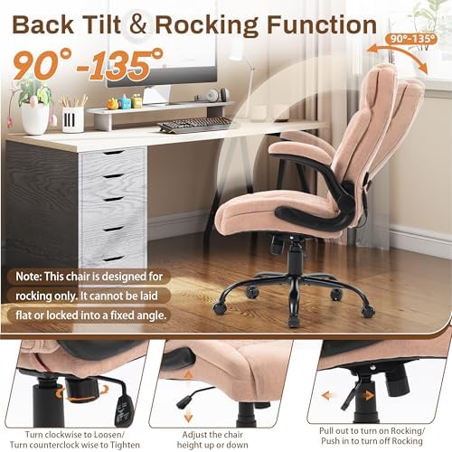 Massage Office Chair,500LBS Ergonomic Rocking Executive Desk Chairs with 4 Points Vibration&Heat,Padded Flipup Armrests for Big and Tall Office Chair,Swivel Computer Chair Pink