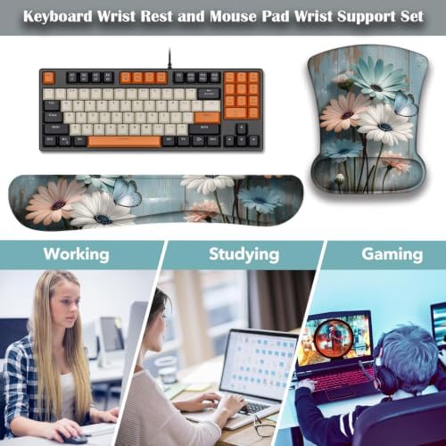 Ergonomic Keyboard Wrist Rest & Mouse Wrist Support Set with Lace Coaster, Gel Memory Foam Anti-Slip Base, Pain Relief for Typing, Floral Butterfly