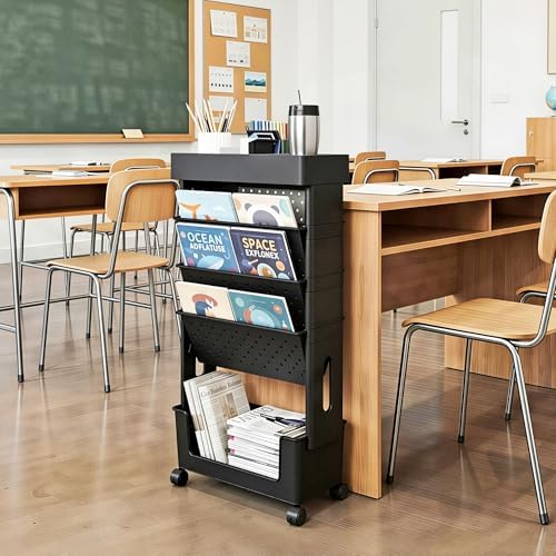 5-Tier Rolling Bookshelf Magazine Rack with Wheels Black