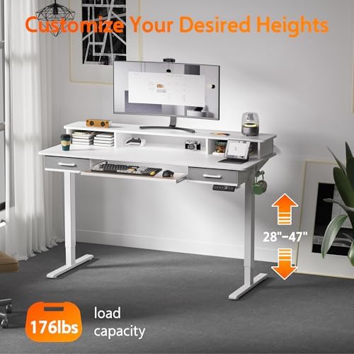 WALKINGDESK 55 Inches Electric Standing Desk with Keyboard Tray, Height Adjustable Sit to Stand Table with 2 Drawers, Ergonomic Home Office Desk with Storage Shelf, Computer Table, White