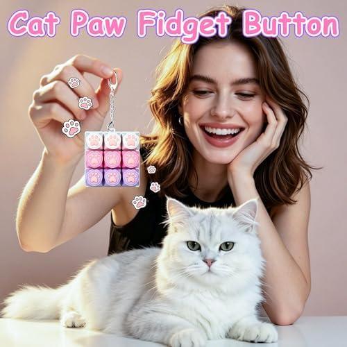 Cat Paw Keyboard Fidget Toy, Keyboard Fidget Keychain 9-in-1 Keyboard Decompression Button Finger Clicker Toys, Cute Soft Click Buttons Fidget Toy ADHD Sensory Fidget Toys Stress Relief Gifts(W-P-P)