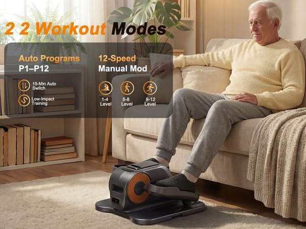 Under Desk Elliptical Machine, Quiet Seated Leg Exerciser for Home Office, Adults and Seniors, Remote Control, 12 Speeds, 3 Auto Modes, Forward/Reverse, Fully Assembled, Gray