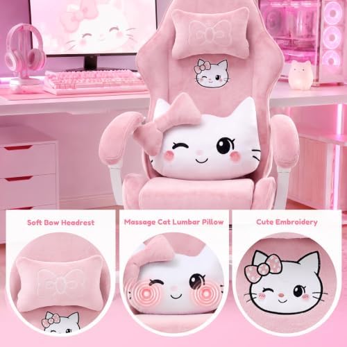 Pink Cat Gaming Chair,Ultra Soft Cute Microplush Fleece Office Desk Chair