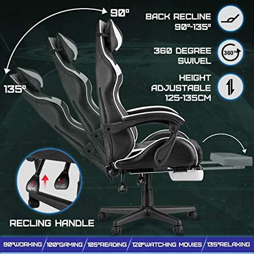 Huracan Gaming Chair with Footrest, Ergonomic Computer Chair Lumbar Support, Adjustable High Back Recliner for Adults, Racing Style Video Gaming Chairs, for Home Office Streaming, White