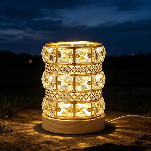 LED Crystal Night Light Wood Base Makeup Brush Holder Decor Vase
