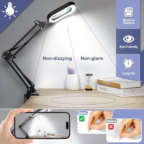 Drdefi 12X Square Magnifying Glass with Light and Stand, Real Glass LED Lighted Magnifier, 5 Color Modes Stepless Dimmable, Hands-Free Mag Desk Lamp with Clamp for Reading Craft Hobby Close Work Black