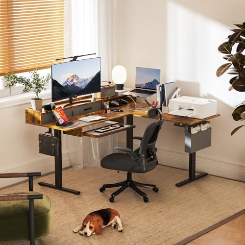 WALKINGDESK 63 Inches L Shaped Standing Desk with Keyboard Tray and 2 Drawers, L Shaped Electric Standing Desk, Adjustable L Shaped Office Desk,Corner Standing Desk for Home Office, Rustic Brown