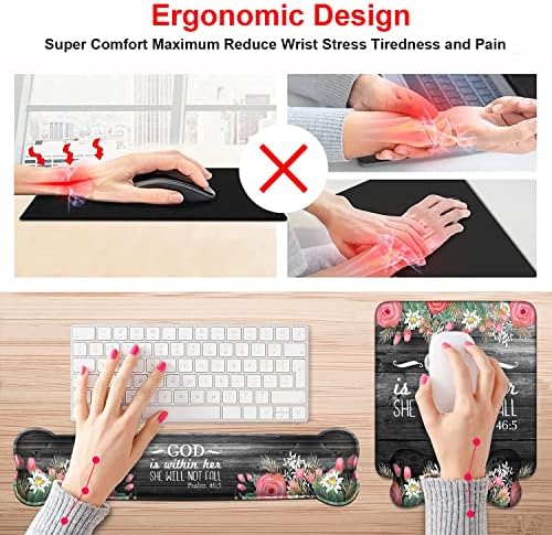 Wrist Rest Support Ergonomic Gel Mouse Pad & Memory Foam Keyboard Set, Non-Slip Rubber PU Base for Home Office Working Studying Easy Typing & Pain Relief - Floral Quote Bible Verses Psalm 46:5