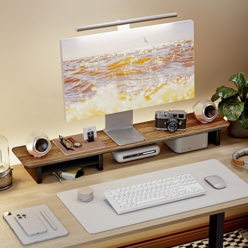 PEGZONE 46" Dual Monitor Riser, Metal Shelf Wooden Desk Organizer