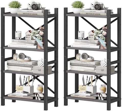 2-Pack Desktop Bookshelf, 4-Tier Stackable Narrow Bookcase, Adjustable Industrial Desk Organizer & Hutch - Rustic Brown Wood Desktop Book Organizer for Living Room, Bedroom & Home Office