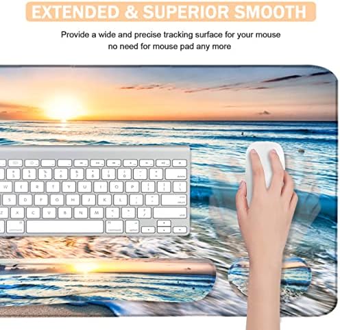 4-in-1 Large Gaming Mouse Pad, Keyboard Wrist Rest Pad & Wrist Support Mousepad Set, Extended Desk Pad Waterproof Desk Mat for Home Office Study Game-Beach