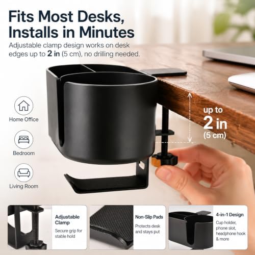 4 In 1 Desk Cup Holder Clamp, Under Desk Headphone Hanger