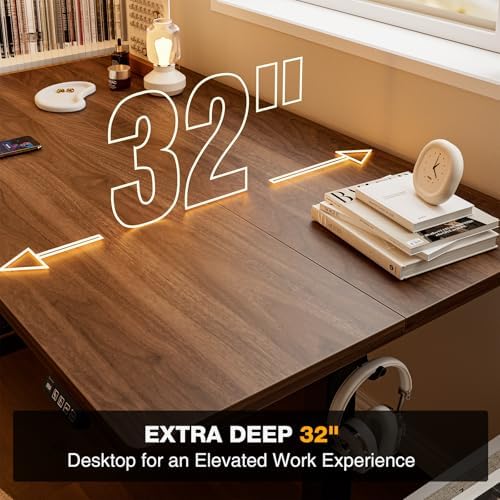 Grandder 47x32 Large Electric Standing Desk, Height Adjustable Computer Desk with 2 Memory Presets, 31.5" Deep Desktop Sit Stand Desk Home Office Desk Workstation Table with Hooks, Walnut